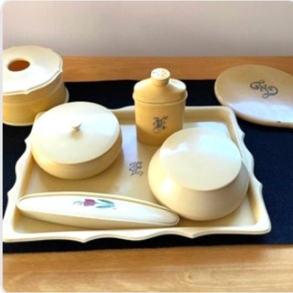 Beautiful Monogrammed Celluloid Vanity Containers on Celluloid Tray